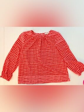Cute Light LOFT Pink and Red Heart Print Pleated Long Sleeve Blouse Size L